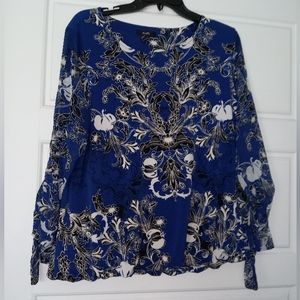Alfani Blue floral print blouse size large sheer sleeves with bow